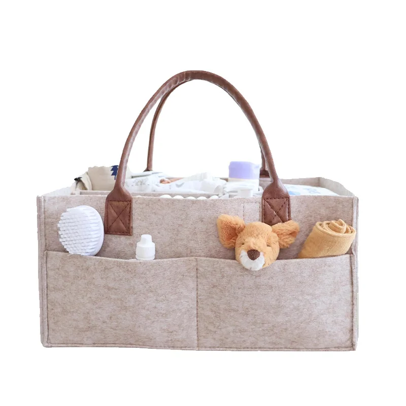 Organisateur bébé en feutre panier rangement sac à couches poignée cuir synthétique design moderne couleur bei