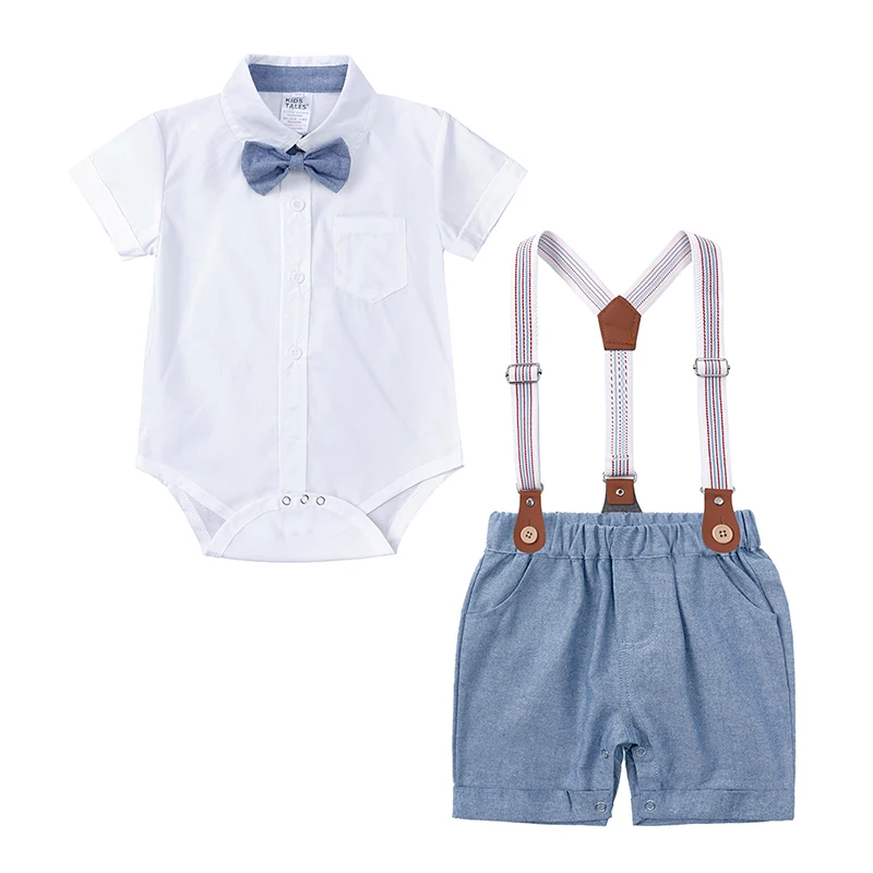 Ensemble Été Bébé Garçon Costume Anniversaire Fête Formelle Coton Doux Bow Tie Suspendeurs Taille Adaptée