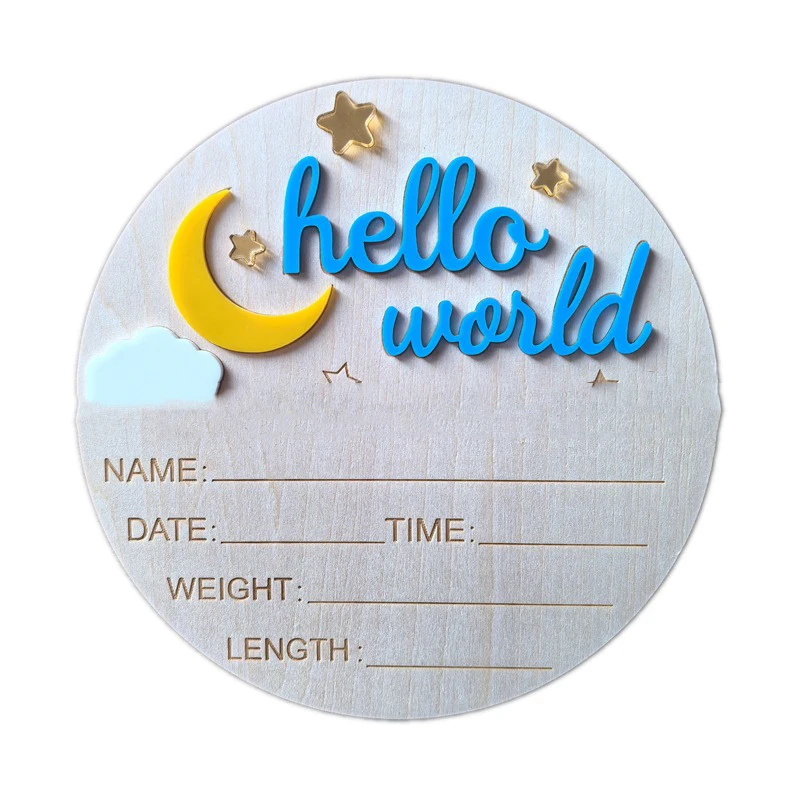 Panneau annonce naissance bébé bois Hello World décoration chambre gravure info bébé étoiles lune style modern