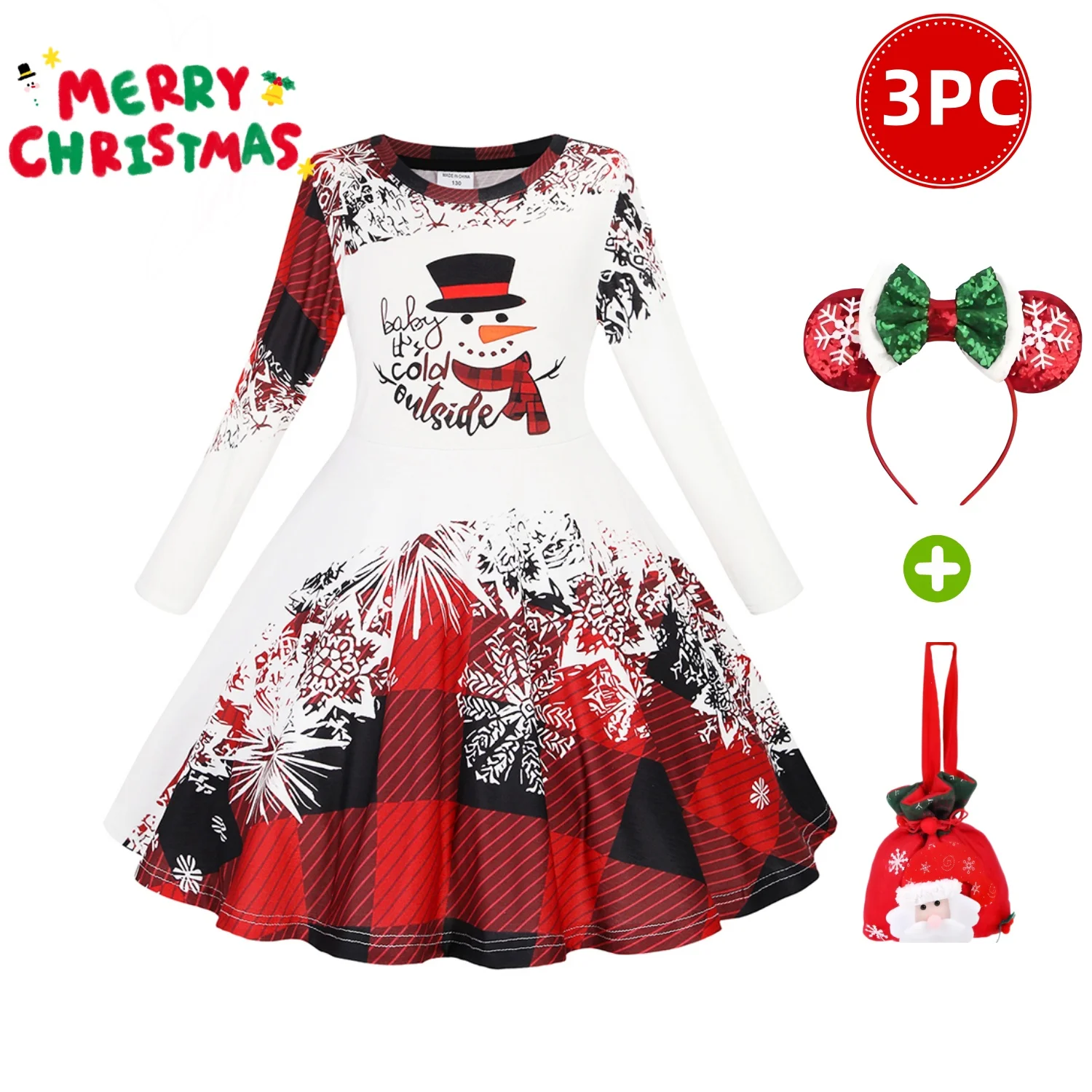 Robe de princesse pour filles, T-Shirt trapèze à manches longues, robes de fête de noël, à la mode, tenue déco