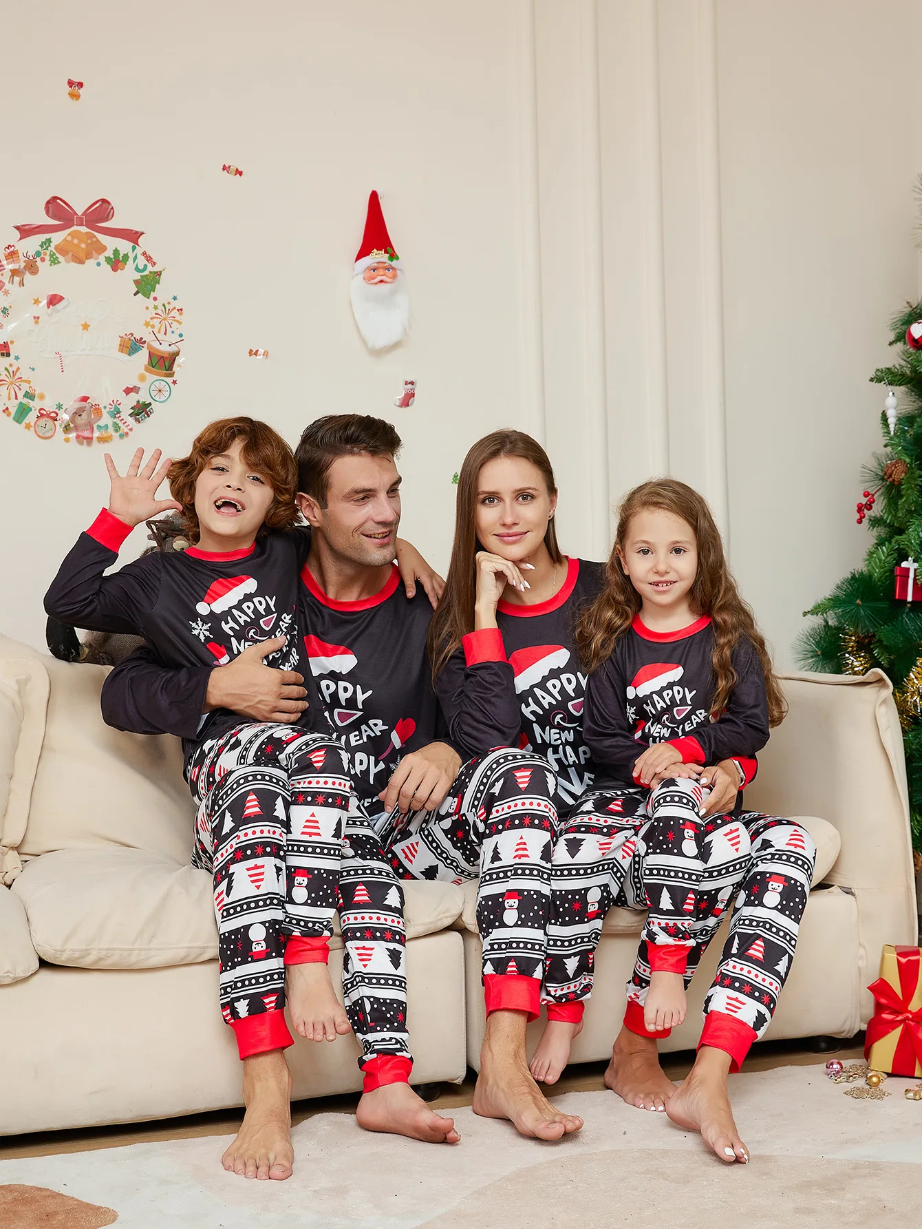 Ensemble pyjamas Noël famille chapeau imprimé lettre Père Maman Enfant Gel Baby mode
