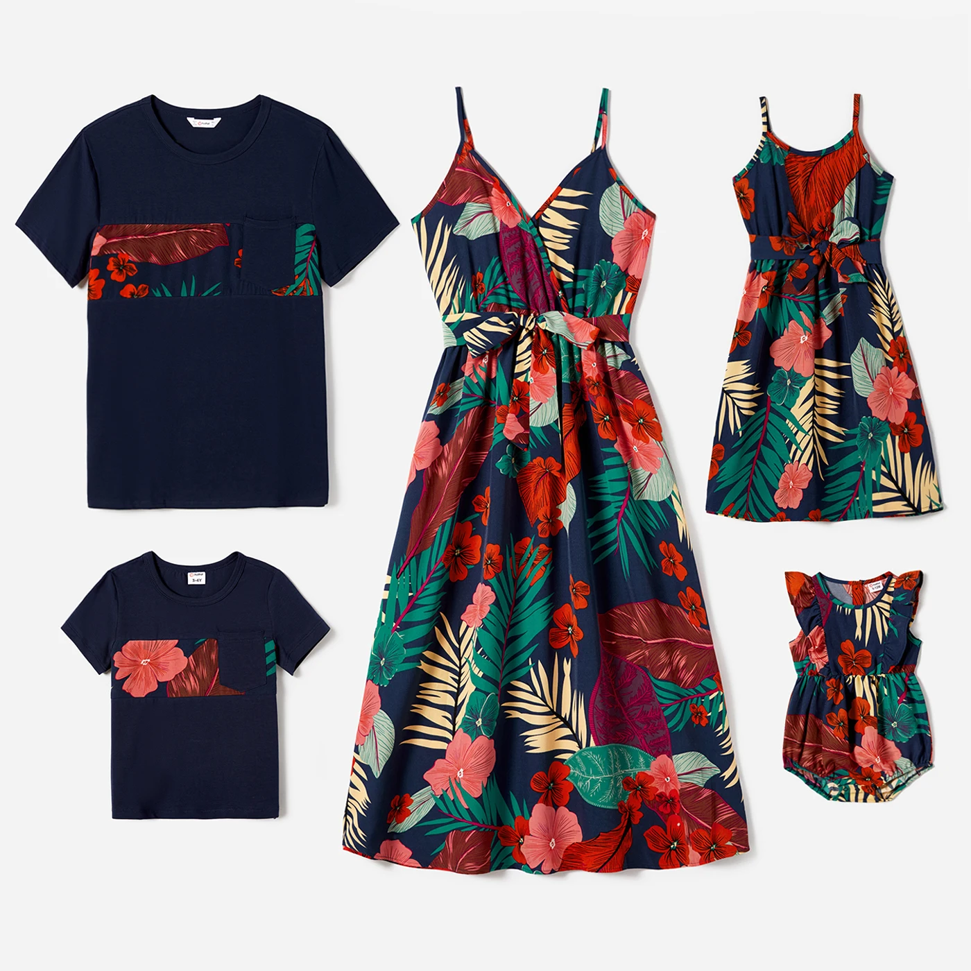 Tenues assorties pour famille robes imprimées floral végétal économie manches courtes ensembles vêtements look