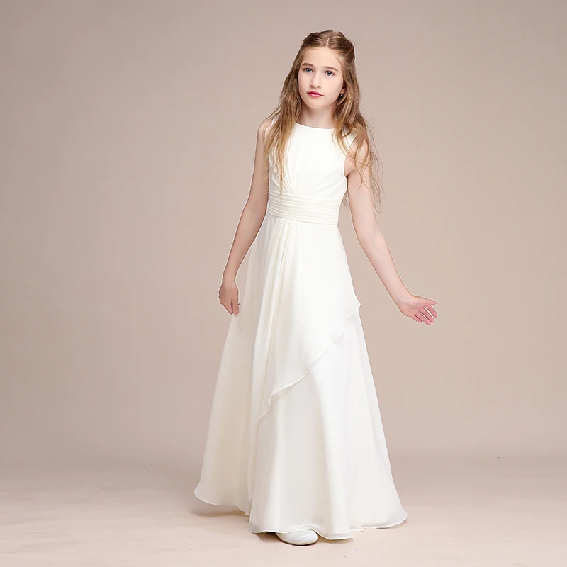 Robe de Noël en Mousseline de Soie pour Fille Cérémonie Longueur au Sol Col Rond Sans Manches Élégance et Douc