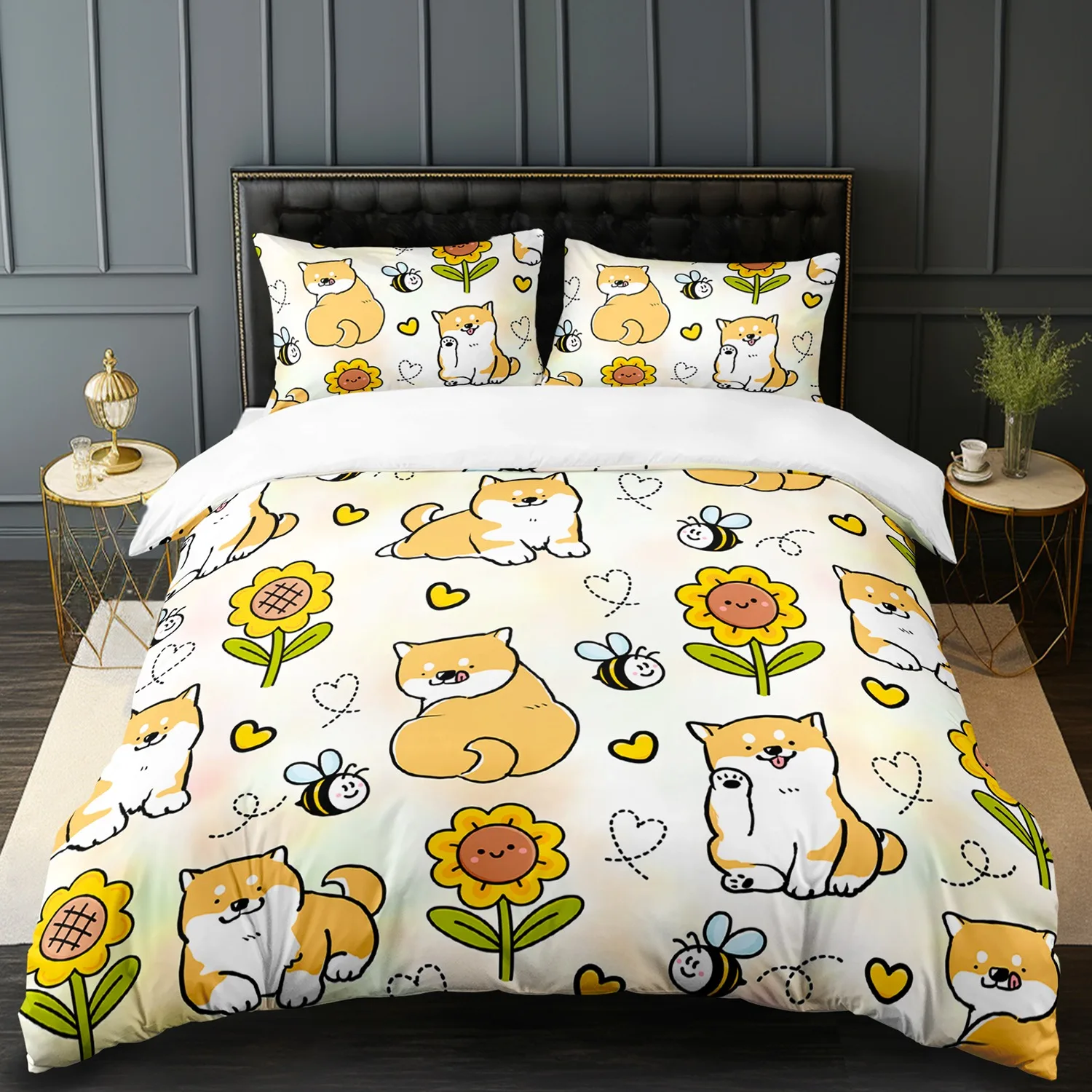 Parure de lit mignonne bébé enfant housse couette taie oreiller animaux shiba inu fleurs abeille lit enfant dé