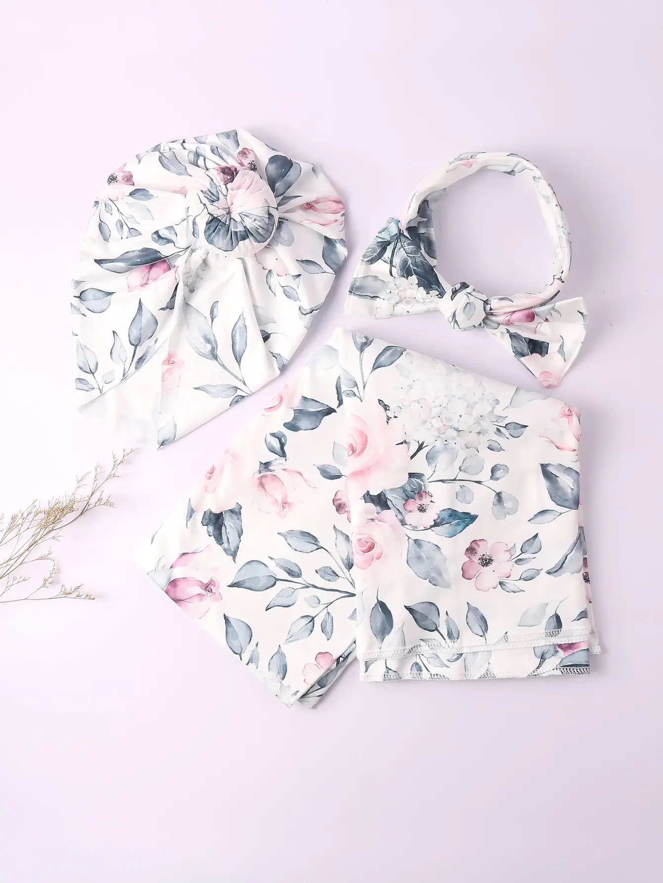 Ensemble 3 pièces Ylsteed pour nouveauné : turban lange headband floral