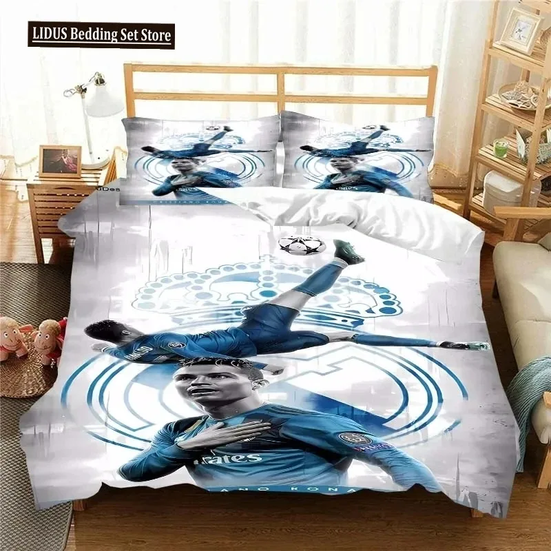 Ensemble de literie football Real Madrid pour chambre enfant design sportif couvrelit et taies d'oreiller déco