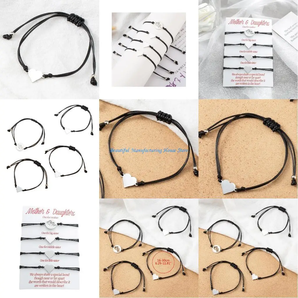 Bracelets assortis mèrefille en cordon noir et pendentif cœur blanc ajustables cadeau original pour maman et f