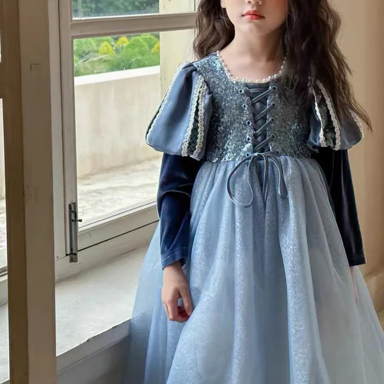 Robe princesse fille robe de cérémonie style occidental tulle sequins manches bouffantes ajustable occasion sp