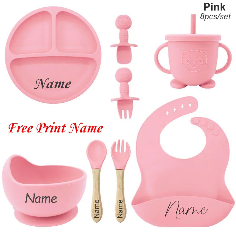 Ensemble d'alimentation bébé personnalisé assiette en silicone bol tasse à paille vaisselle sans BPA cadeau no
