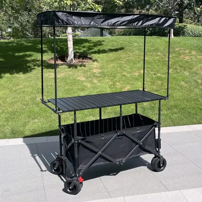 Chariot pliant portable Hawker avec table et tente paresoleil noir trolley de magasinage et rangement extérieu