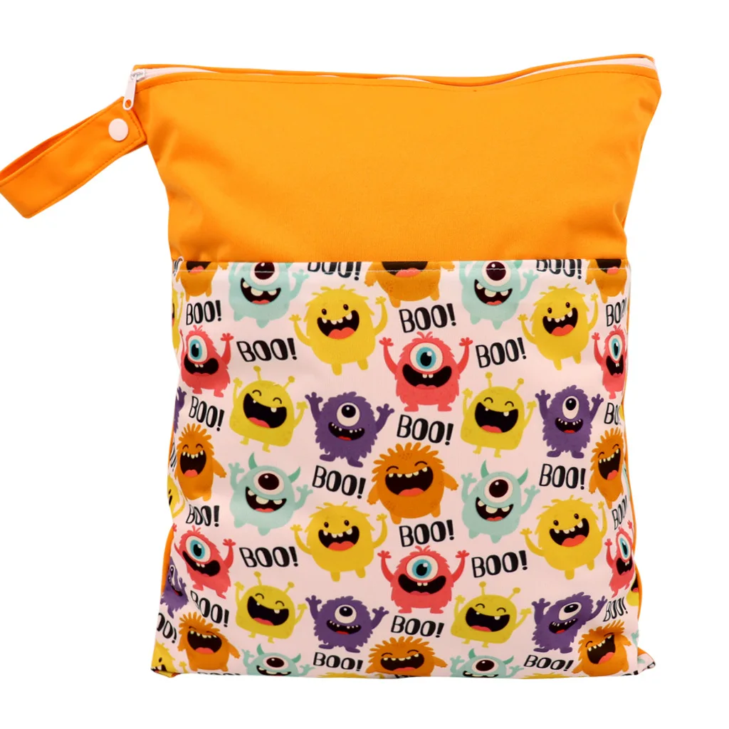 Sac à couches en tissu bébé étanche poignée latérale double fermeture éclair motifs monstres design ludique 30