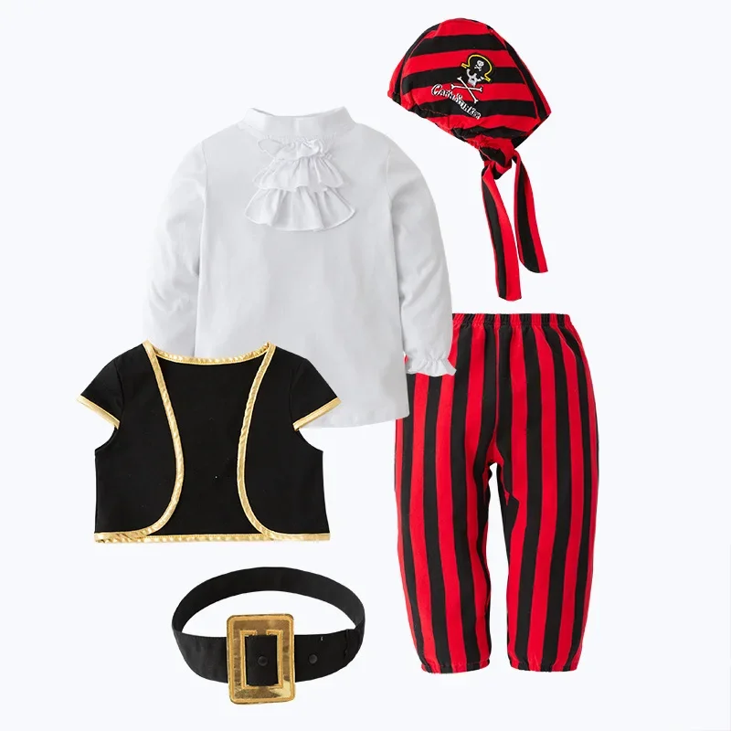 Costume pirate enfants complet 5 pièces chemise gilet pantalon ceinture bandana vêtements fêtes Halloween Noël