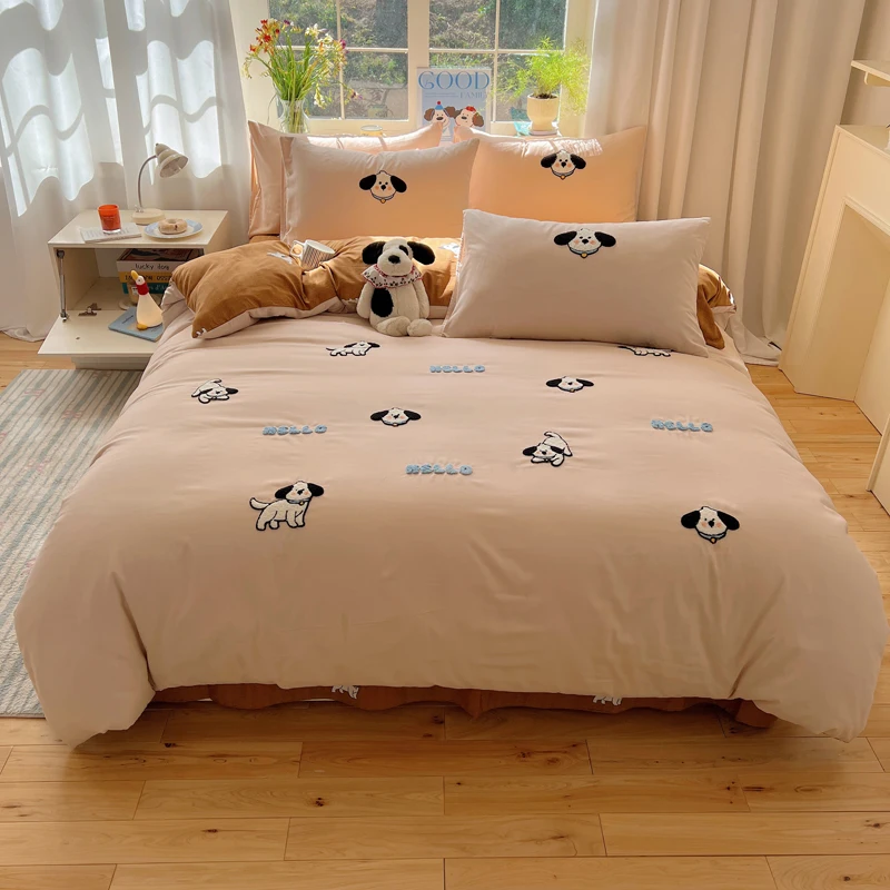 Ensemble literie housse couette oreillers motifs chiens HELLO design enfant adulte chambre déco cosy mignonne 