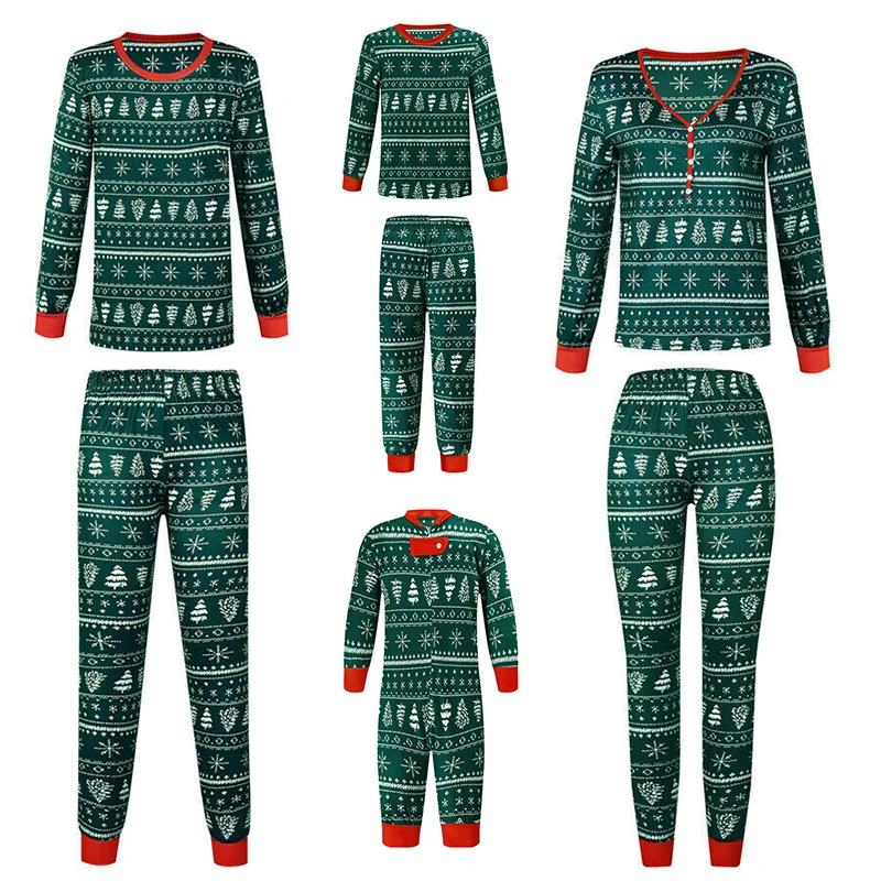 Ensemble Pyjama Famille Noel Vert Festif Confortable Manches Longues