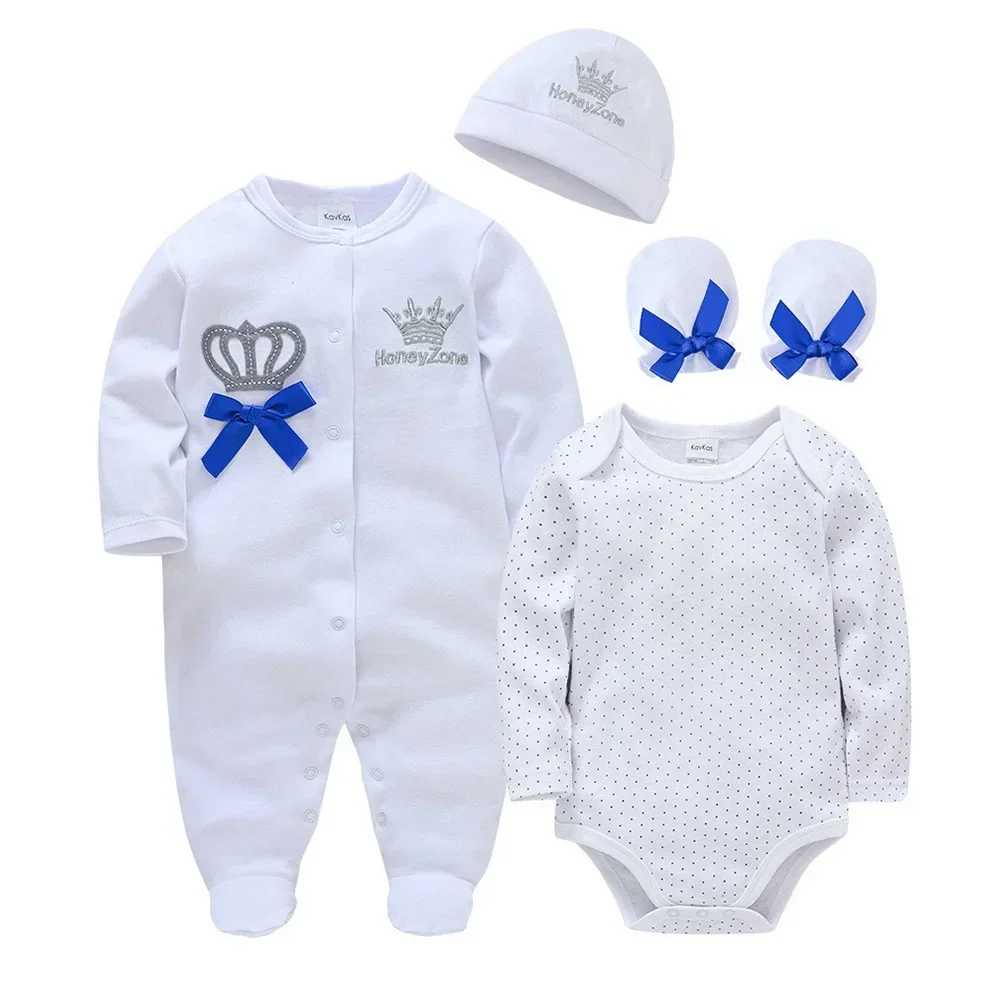 Honey Zone Ensemble bébé royal jumpsuit body bonnet et moufles coton motif couronne blanc bleu 012M idéal pour