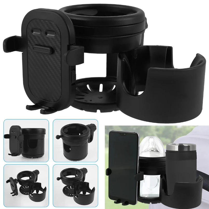 Portegobelet universel poussette 360° support bouteille eau téléphone rotatif 3 en 1 organisation bébé accesso