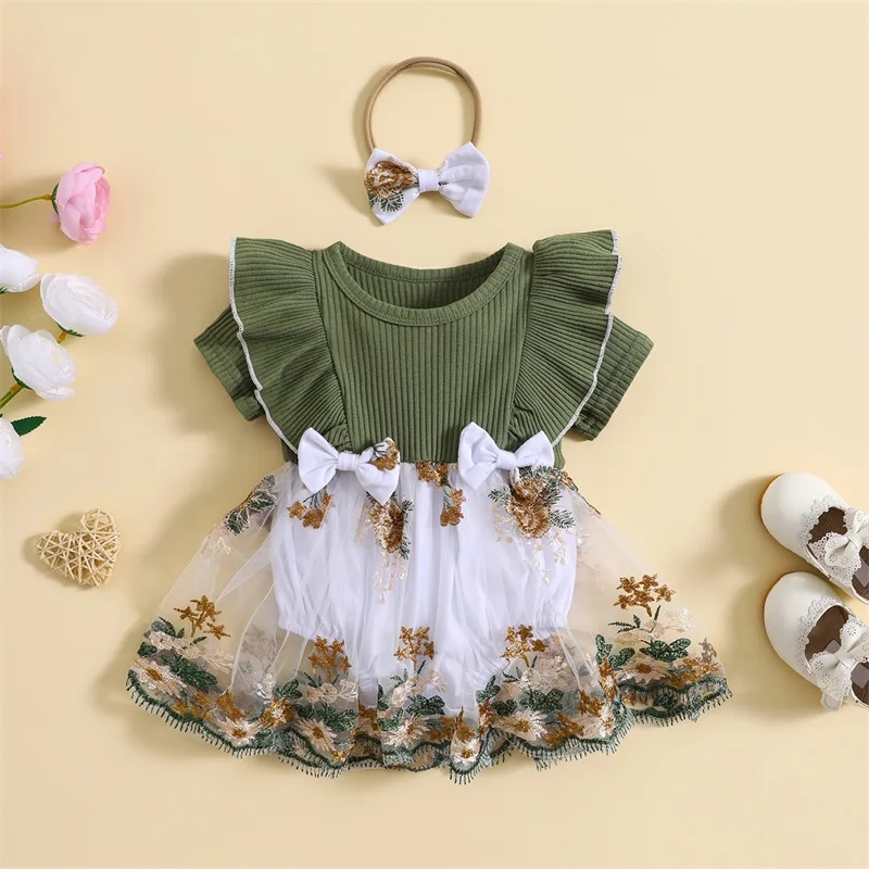 Robe barboteuse fille broderie fleurs côtelé volants col rond combinaison été bandeau noeud coton qualité prem