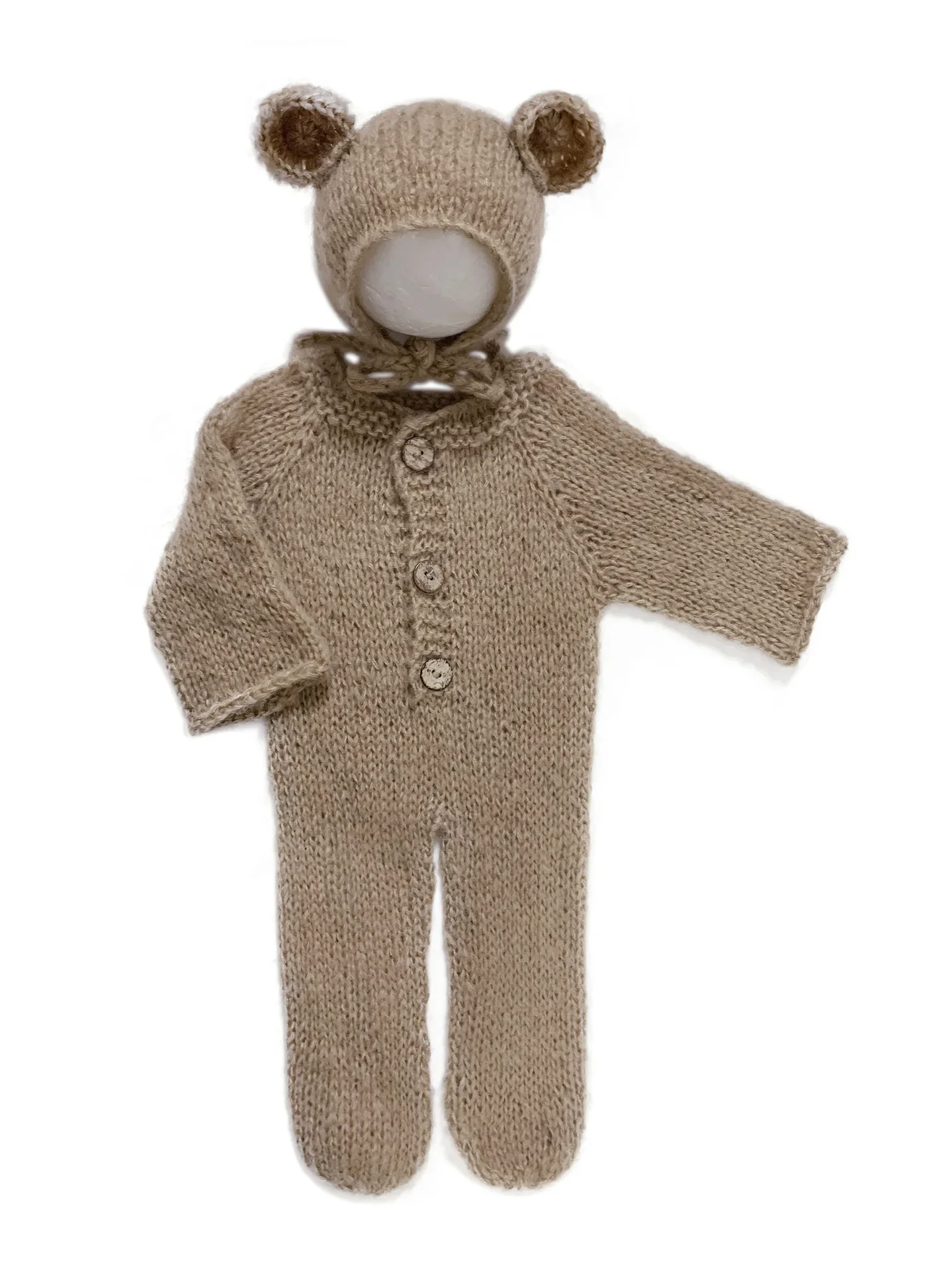 Tenue bébé 2 pièces barboteuse ours chapeau laine accessoires photo nouveauné style animal uni sexe khaki