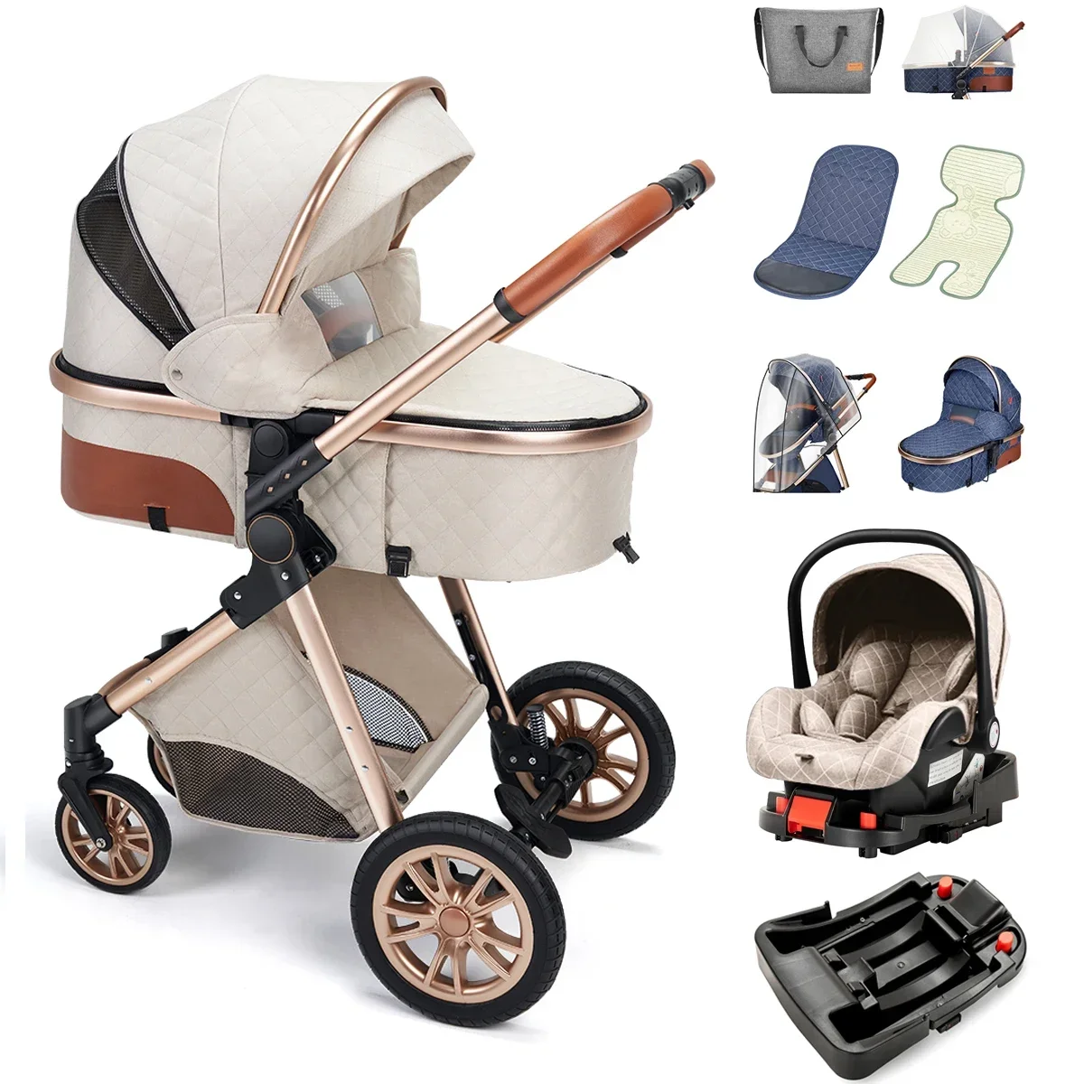 Poussette bébé multifonctionnelle High Landscape 3 en 1 siège auto base ISOfix tissu matelassé modern design p