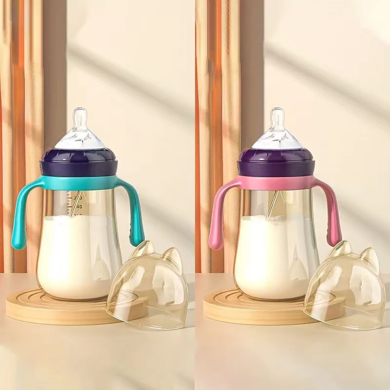 Ensemble de biberons avec poignée et paille antifuite large ouverture PP 300ml bleu et rose pour bébés 036 moi