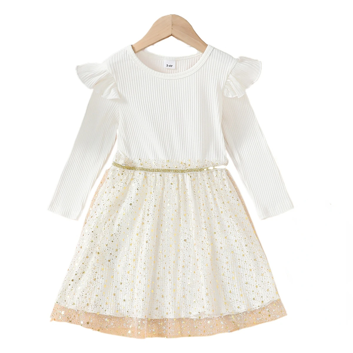 Robe princesse filles 34 ans manches longues tissu coton tulle doré volants occasions spéciales fêtes annivers