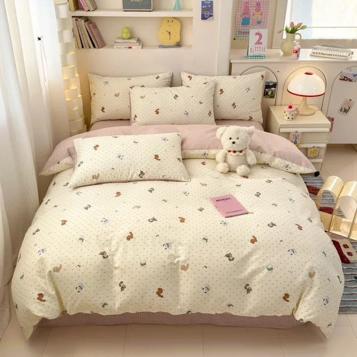 Parure de lit 4 pièces coton 100% design animaux mignons housse couette taies oreiller drap lit enfant bébé ch
