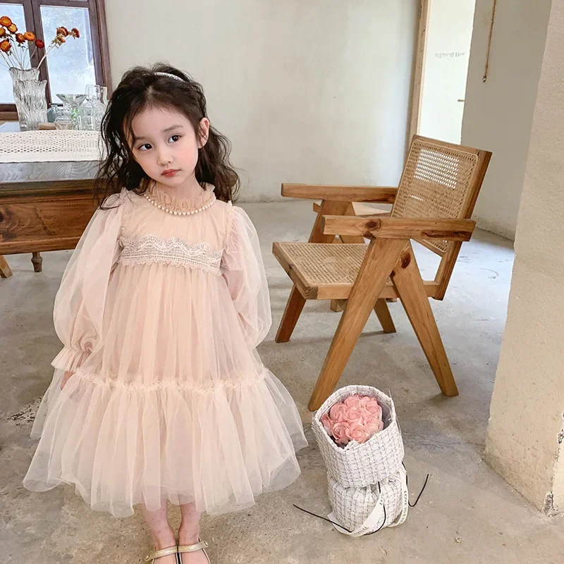 Robe princesse en gaze bouffante pour filles style occidental dentelle printempsautomne 46 ans rose pêche Koed
