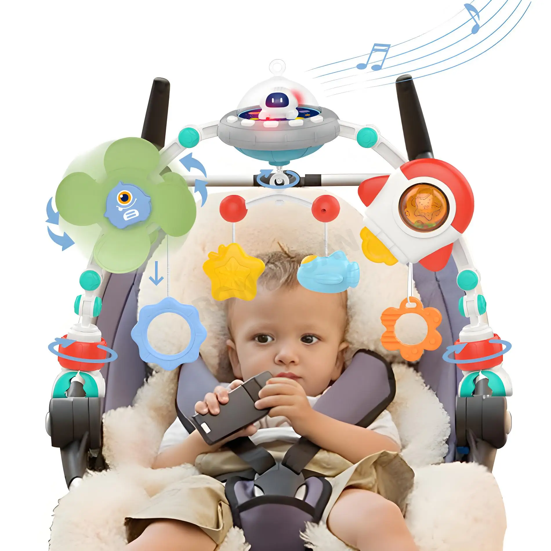 Arc de poussette bébé berceuse musicale jouet rotatif développement motricité siège auto accessoire éveil sens