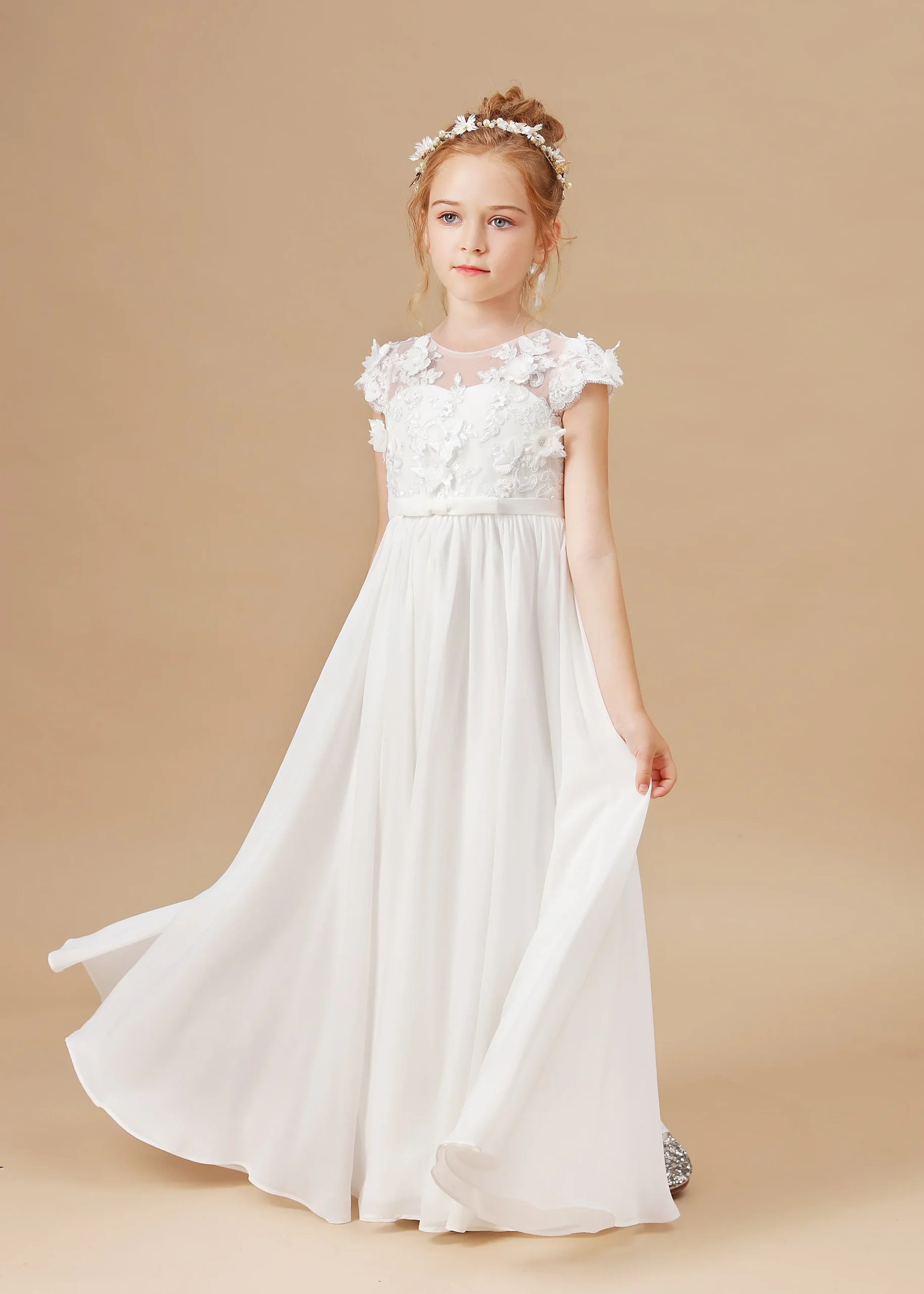 Robe demoiselle d'honneur blanche en mousseline tulle pelucheux dentelle fête d'anniversaire communion cadeau