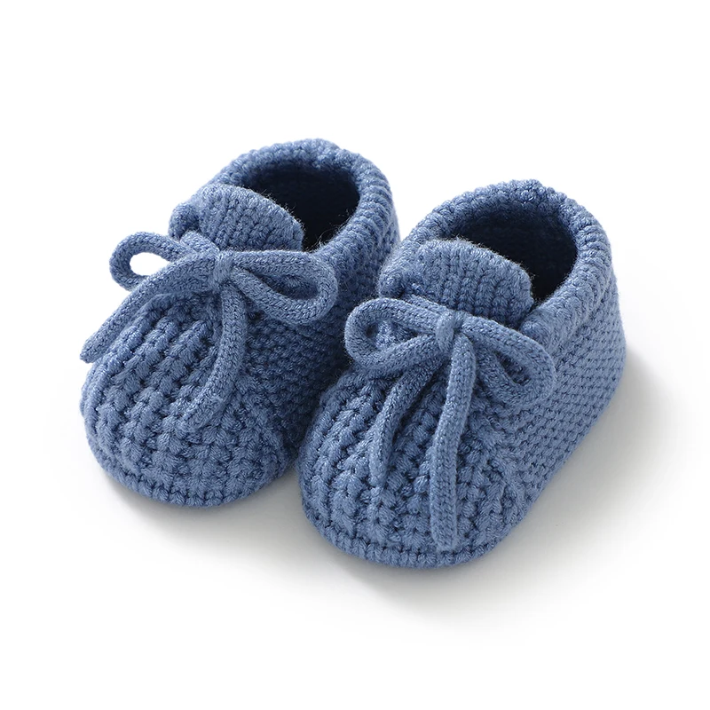 Chaussons bébé en laine douce nouveauné intérieur hiver antidérapant confortable style mignon sans motifs bleu