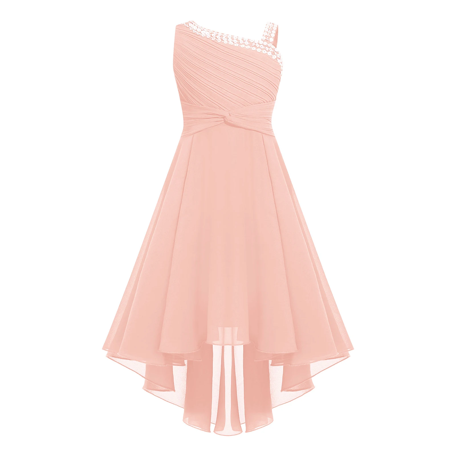 Robe demoiselle d'honneur enfant mousseline de soie asymétrique épaule nue fête communion coloris rose haute q