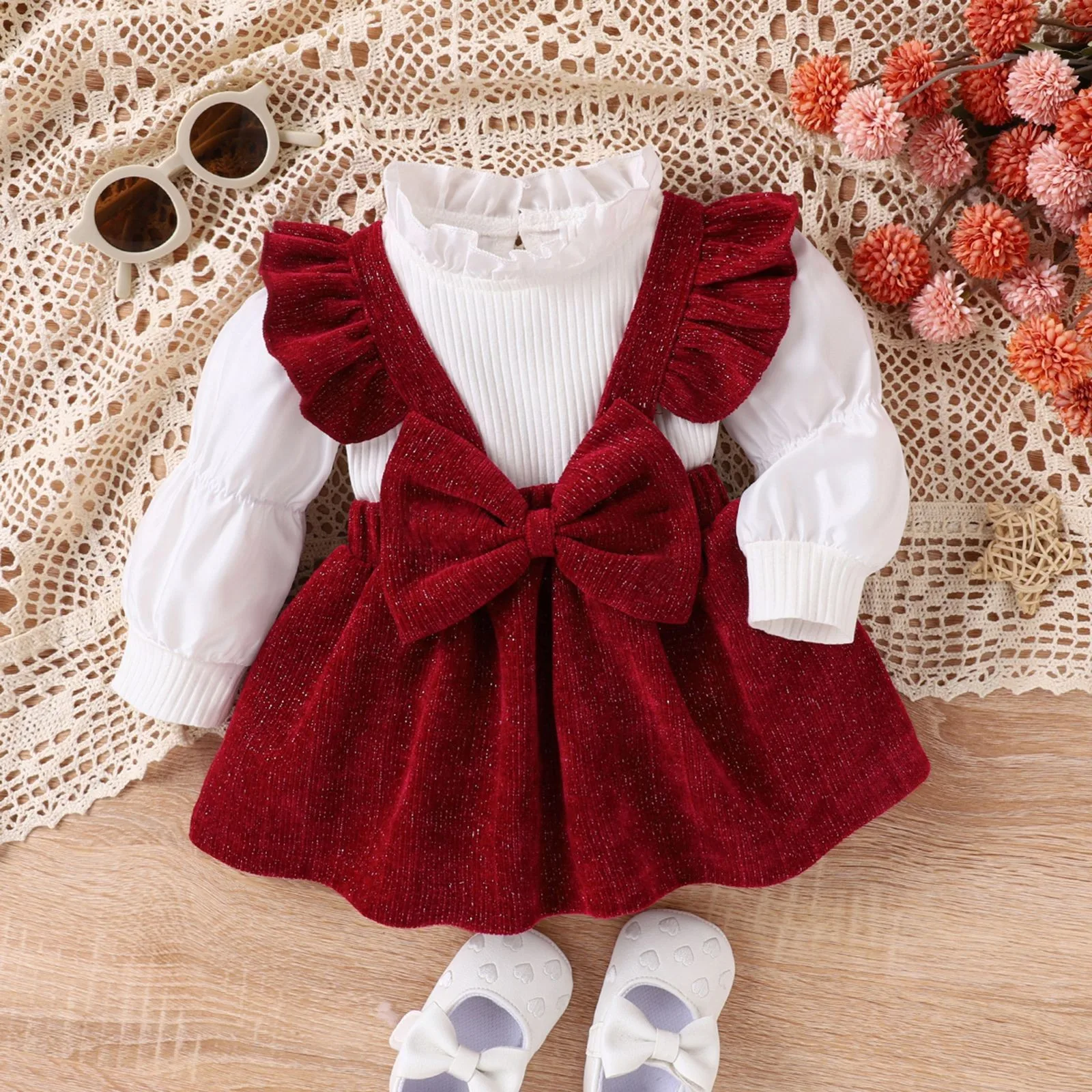 Robe princesse velours côtelé rouge pour fille tenue festive occasion spéciale nouvellenée 01 ans