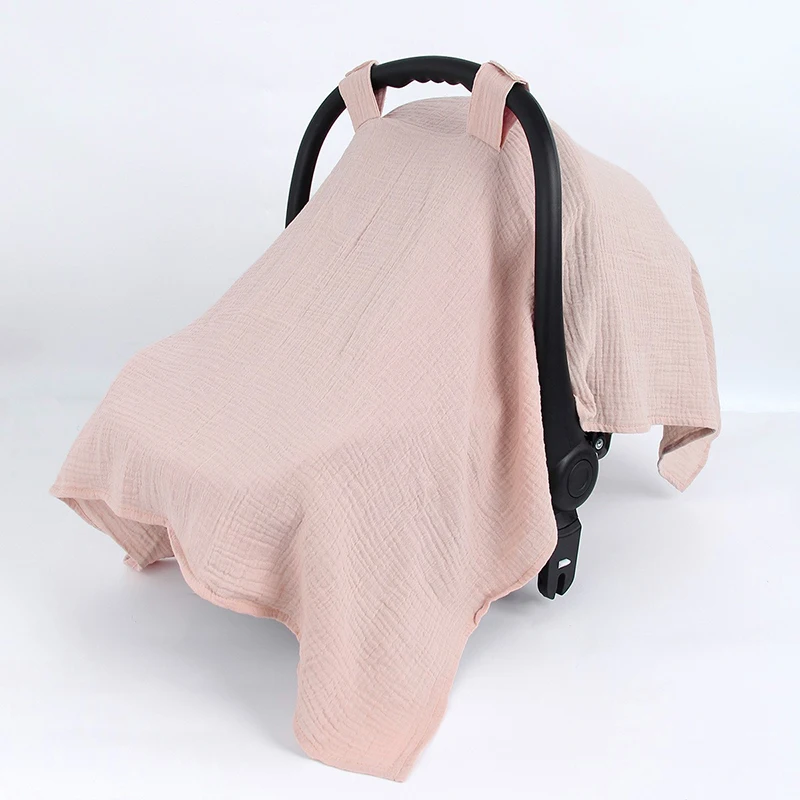 Housse de siège auto bébé paresoleil respirant en coton muslin rose