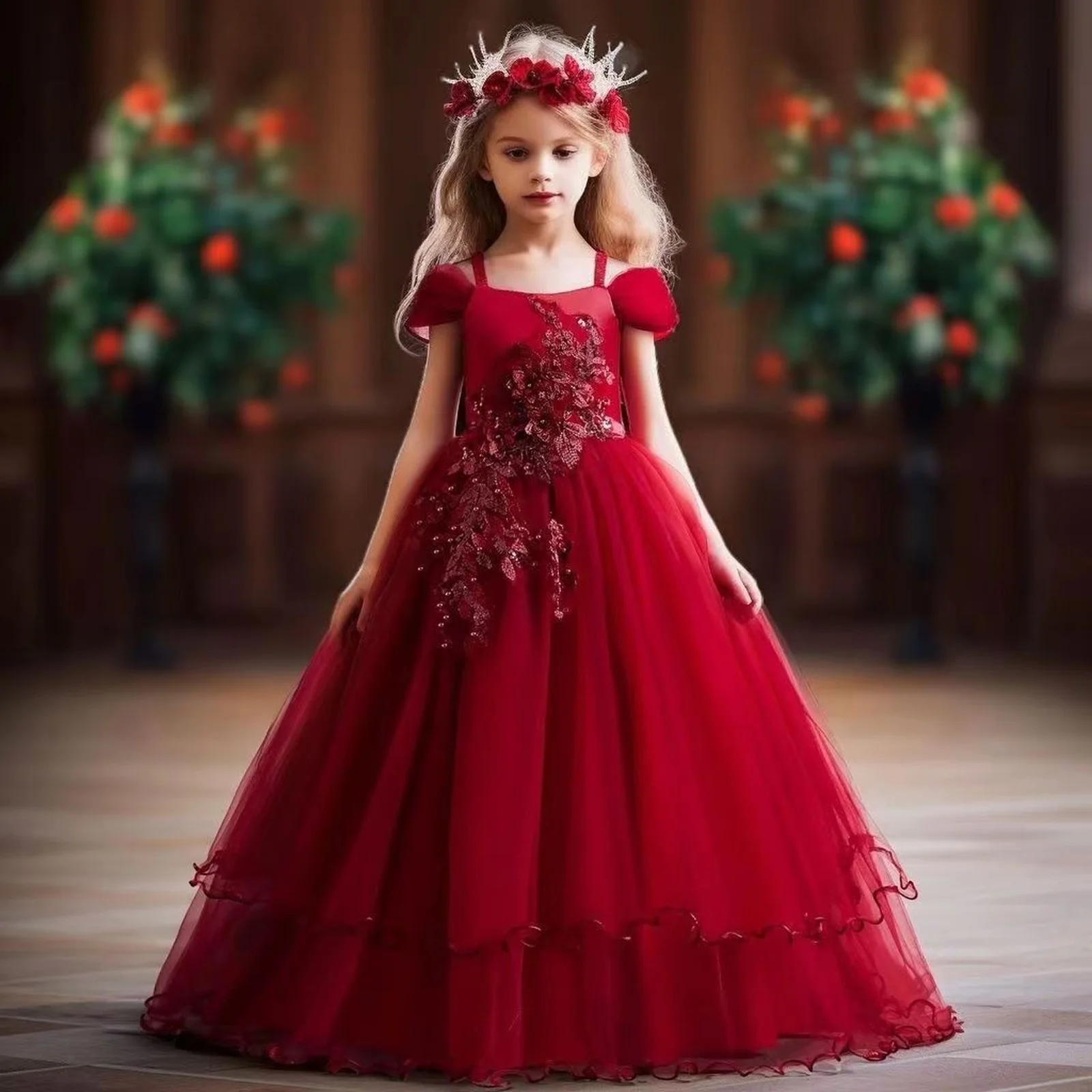 Robes de mariée à fleurs pour adolescentes, Tutu de princesse de soirée, longue robe de bal élégante, vêtement