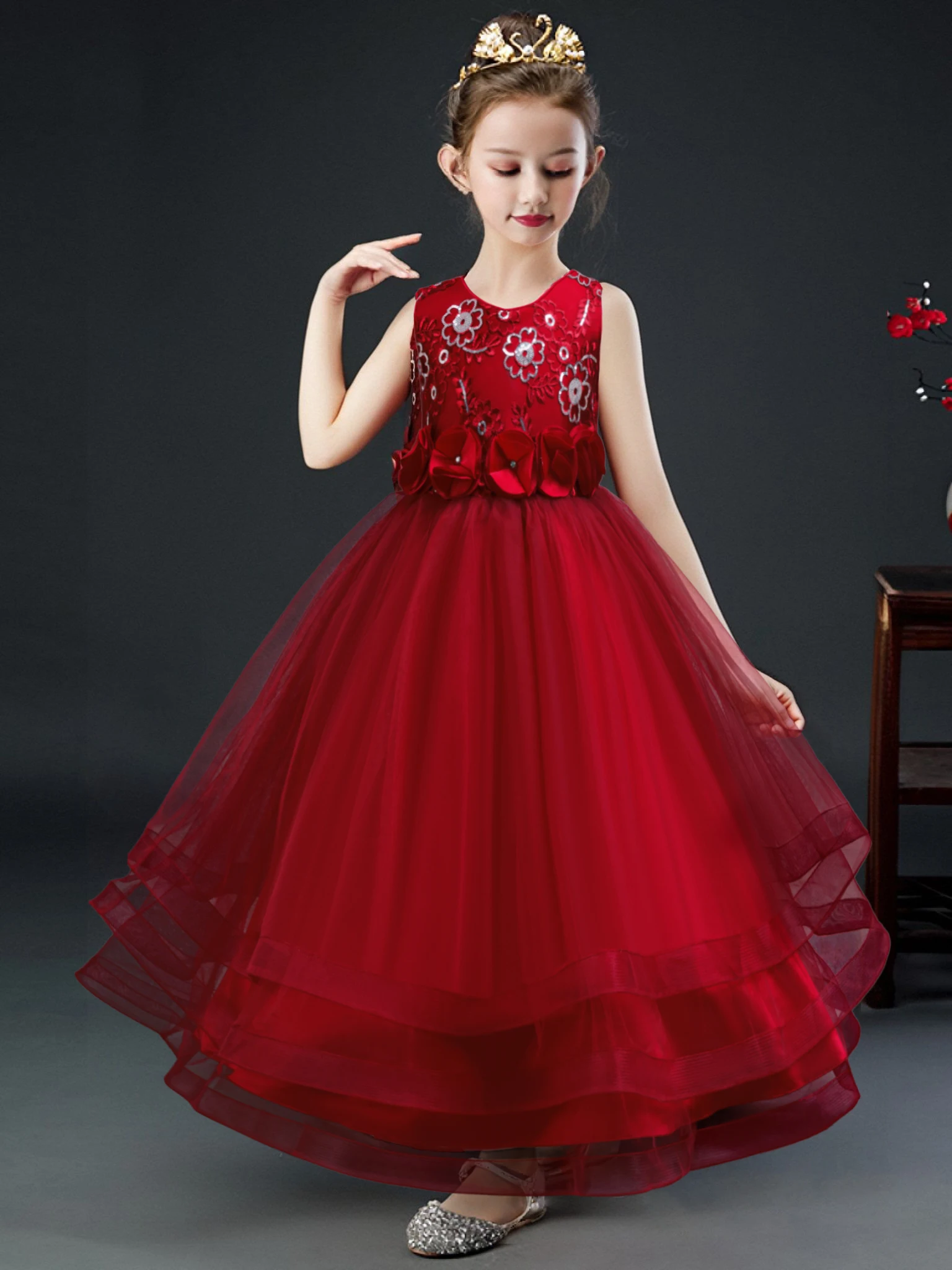 Robe longue à fleurs paillettes fille cérémonie mariage spectacle princesse éclatante élégante qualité premium