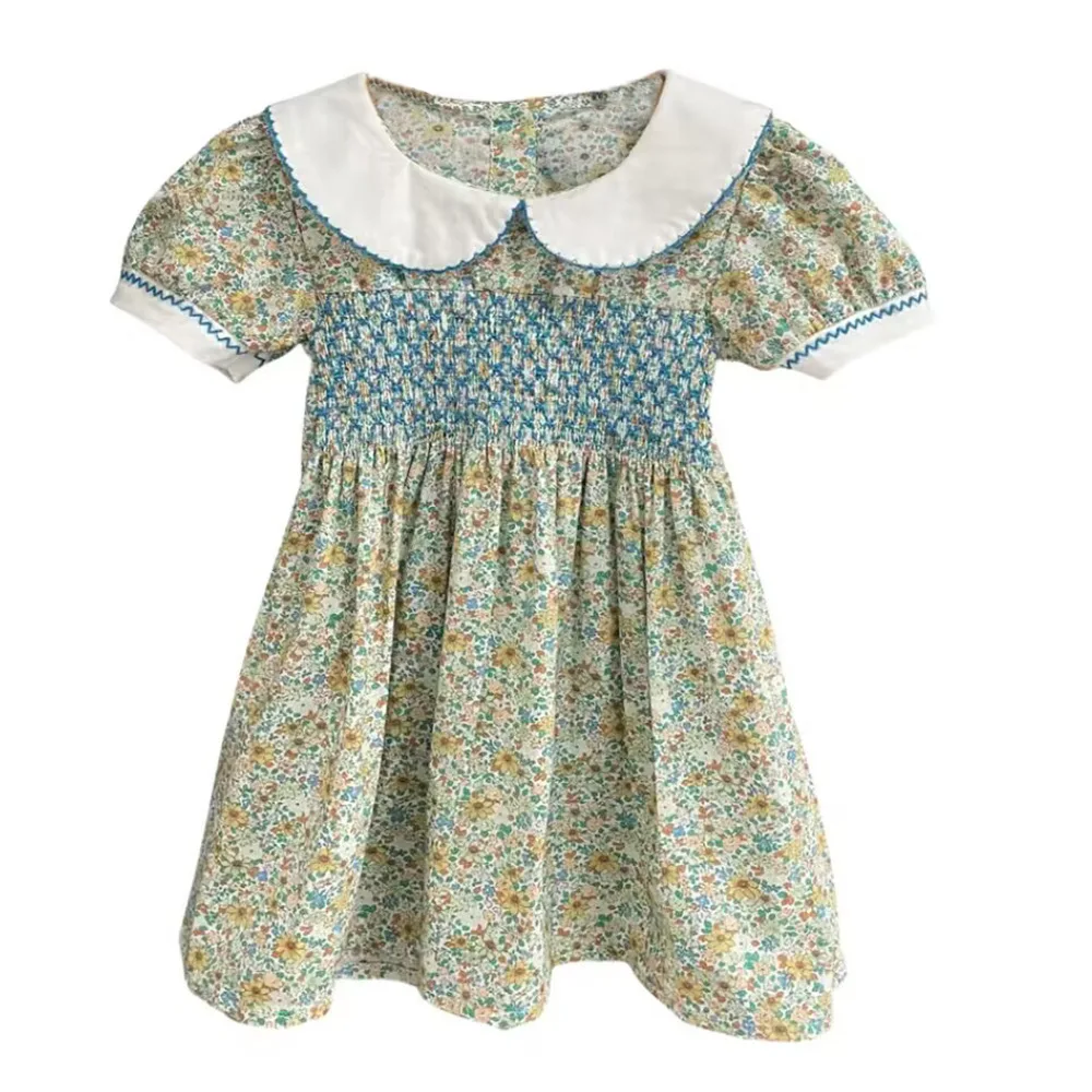 Robe d'été pour filles style espagnol motif floral manches courtes vêtement princesse bébé 18 ans Green