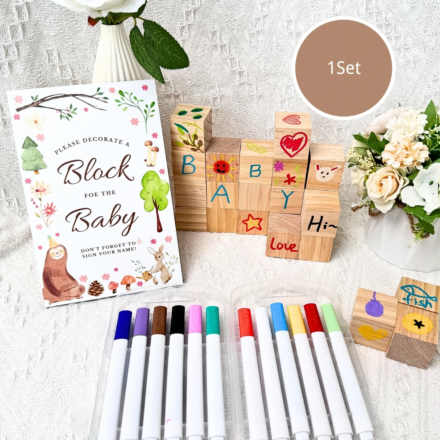 Ensemble DIY de blocs en bois pour livre d'or bébé 30 blocs 12 marqueurs panneaux animaux Baby shower révélati