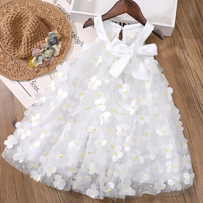 Robe princesse d'été fleurie pour enfants robe de cérémonie blanche avec nœud satin bretelles épaisses style é