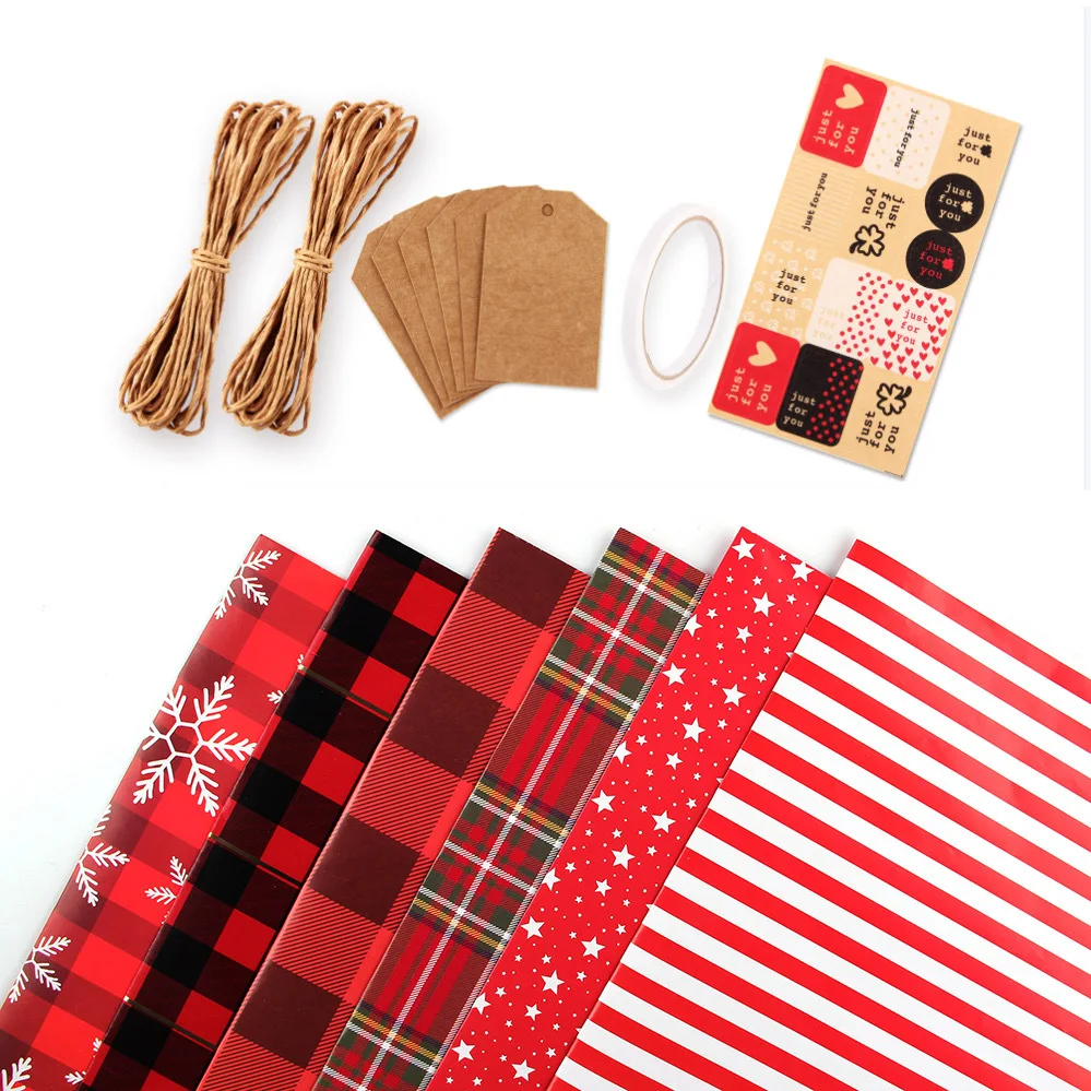Ensemble papier d'emballage Noël 6 rouleaux motifs festifs cordes jute étiquettes kraft décoration cadeau anni