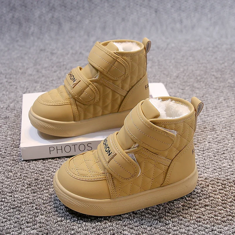 Bottes de neige enfants style baskets en simili cuir texture matelassée beige doré