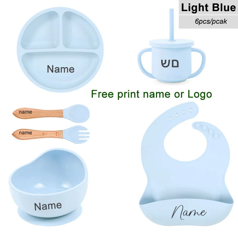Ensemble vaisselle bébé 6 pièces silicone sans BPA personnalisable bol tasse cuillère fourchette plateau bavoi