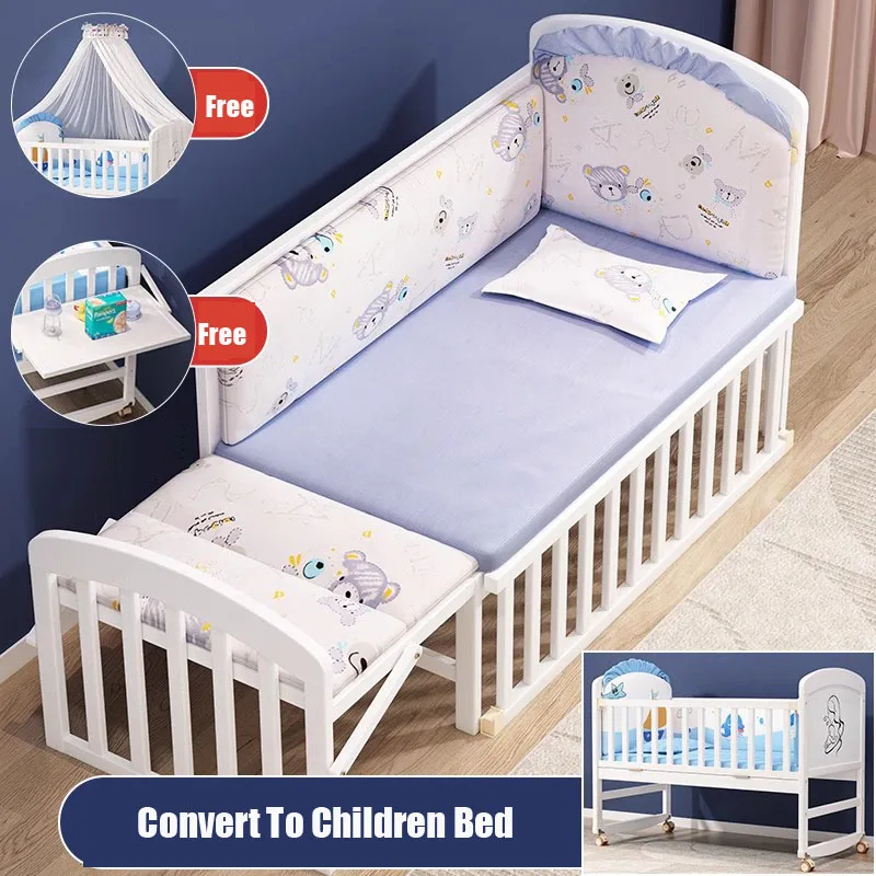 CPull en Bois avec Moustiquaire et Table à Couches pour Bébé, Ensemble de Literie pour Lit d'Enfant, Matelas à