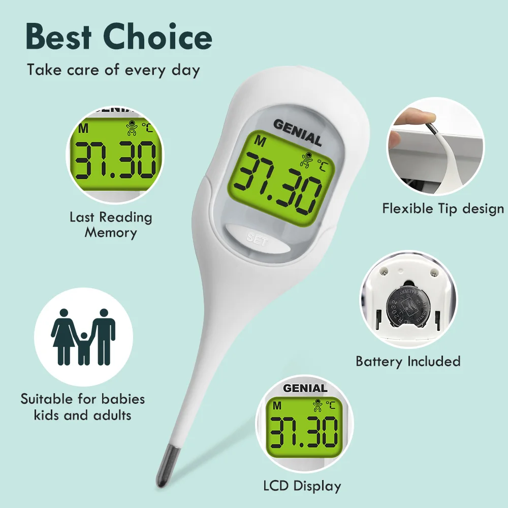 Thermomètre digital Genial pour bébé enfant et adulte Lecture rapide en 9 secondes mémoire de température écra