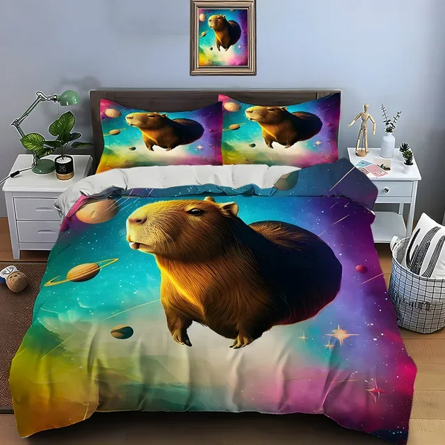 Parure de lit imprimée Capybara ensemble literie enfants adultes housse couette taies oreiller design mignon e