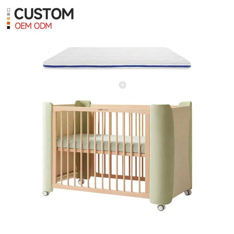 Lit de bébé en bois naturel berceau multifonctionnel avec matelas protections rembourrées roues design moderne
