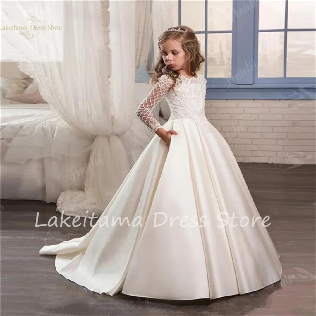 Robe princesse fille manches courtes satin organza nœud simple fleurs dentelle perles mariage anniversaire soi