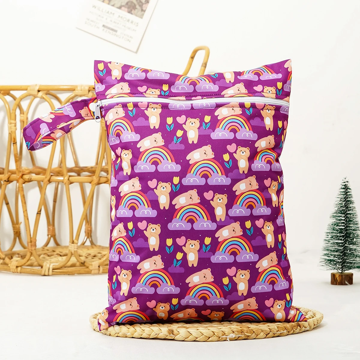 Sac humide bébé Happy Flute motif ours arcenciel violet imperméable rangement couches vêtements voyages usage 