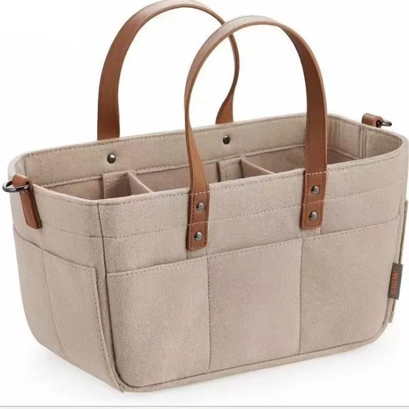 Organisateur de sac en tissu suédine compartiments intérieurs poche extérieure couleur beige poignées marron r