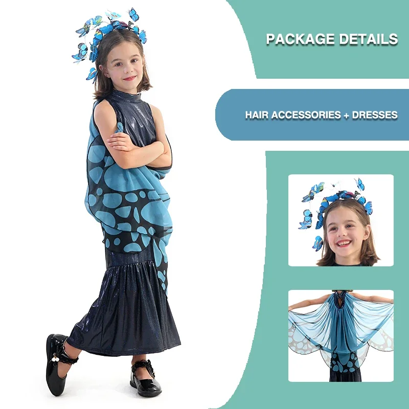 Costume fille papillon fantaisie tulle longueur princesse robe carnaval Halloween conte fées accessoires cheve