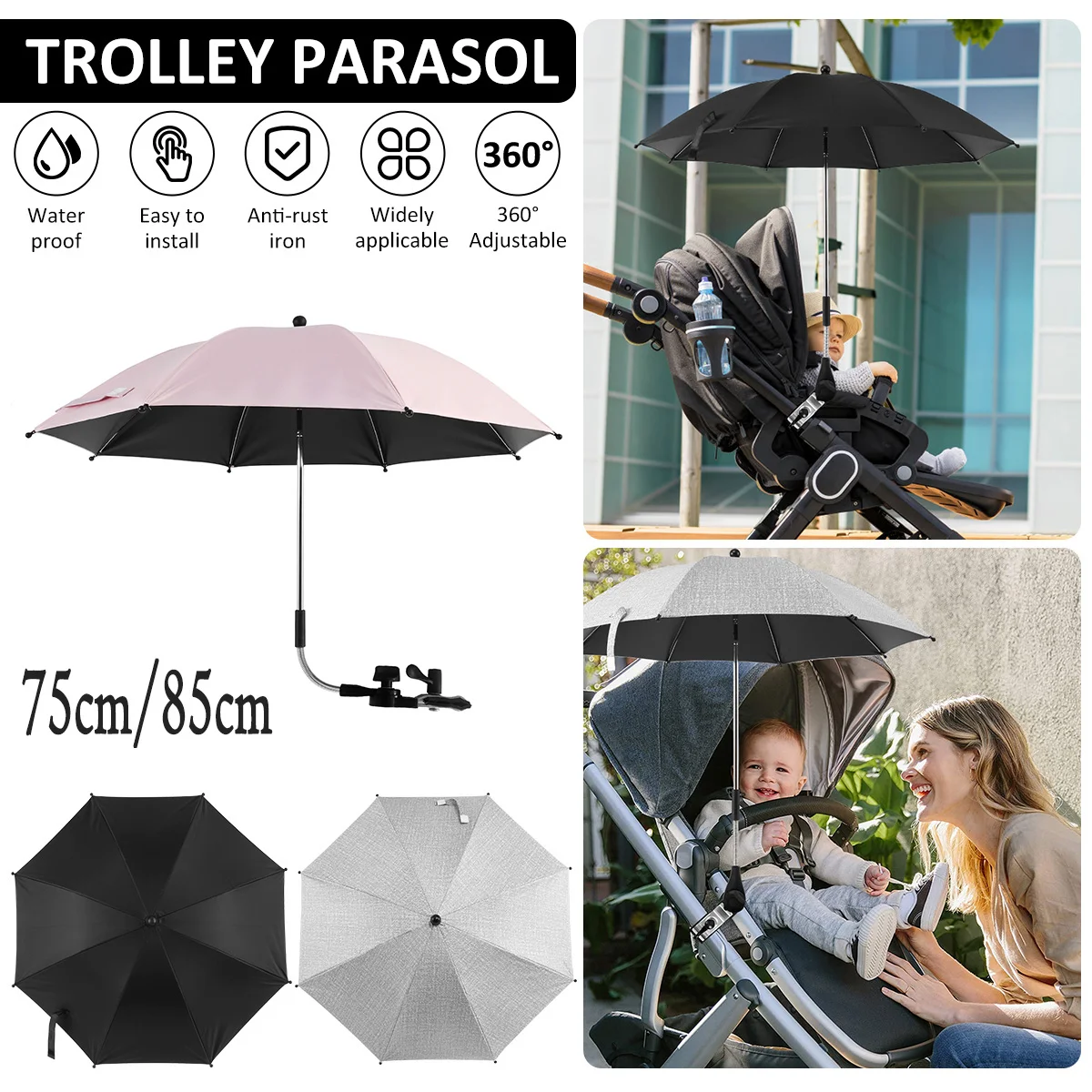 Parasol poussette 360° ajustable clips fixation imperméable polyester bébé soleil pluie vent extérieur style m